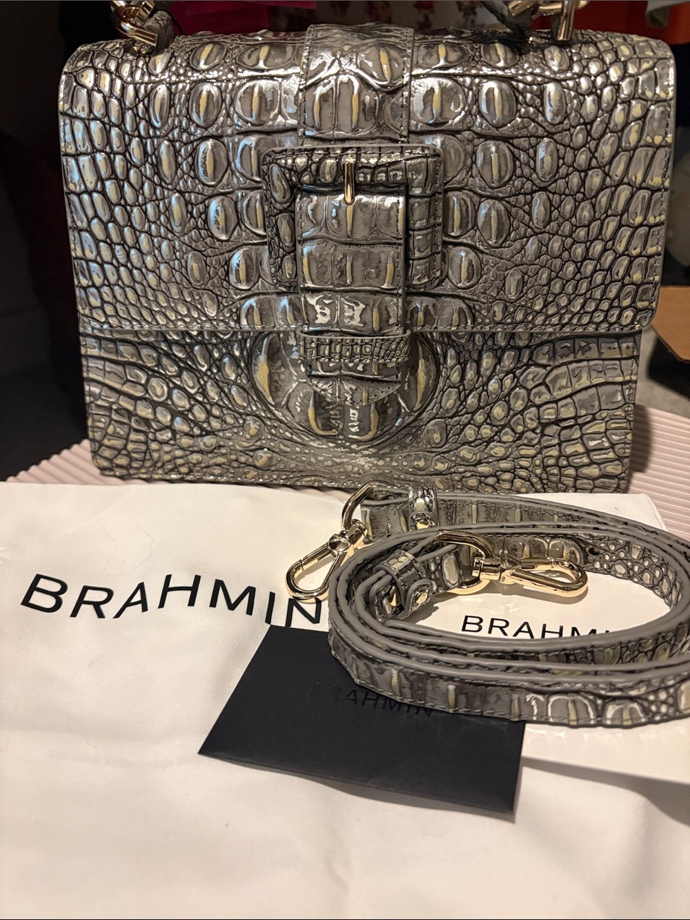 Brahmin Hallie Metallic Chrome Croc-Embossed Crossbody with Gold Hardware